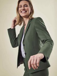 Blazer Olivgrün Damen – Eleganter Business Blazer mit offenen Ärmelschlitzen und Leistentaschen.
